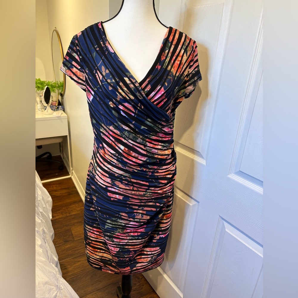 Joseph Ribkoff Floral Ruched Sheer Overlay Dress Size 12